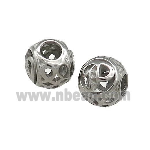 Raw Titanium Steel Round Beads Letter-P Large Hole Hollow