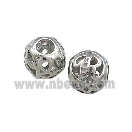 Raw Titanium Steel Round Beads Letter-R Large Hole Hollow