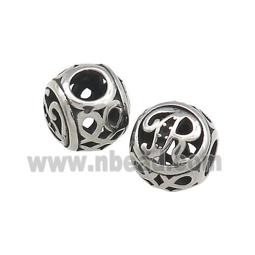 Titanium Steel Round Beads Letter-R Large Hole Hollow Antique Silver