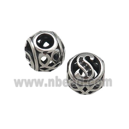 Titanium Steel Round Beads Letter-S Large Hole Hollow Antique Silver