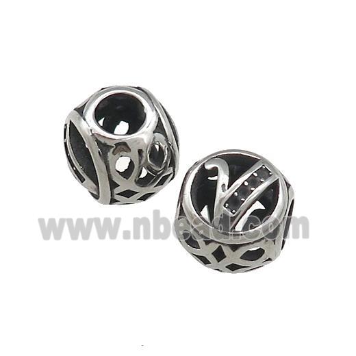 Titanium Steel Round Beads Letter-V Large Hole Hollow Antique Silver