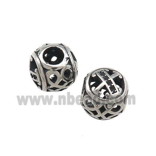 Titanium Steel Round Beads Letter-X Large Hole Hollow Antique Silver