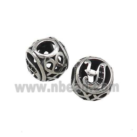 Titanium Steel Round Beads Letter-Y Large Hole Hollow Antique Silver