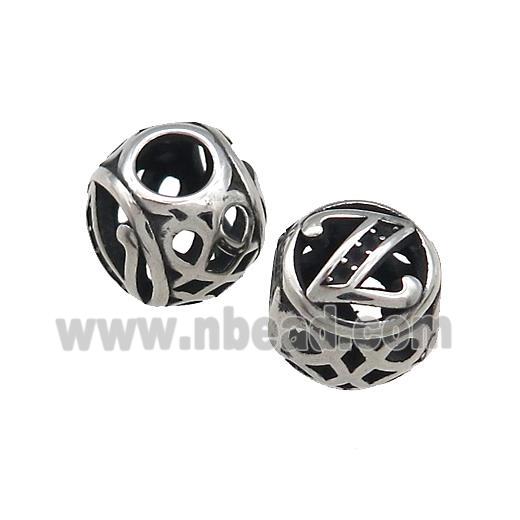 Titanium Steel Round Beads Letter-Z Large Hole Hollow Antique Silver