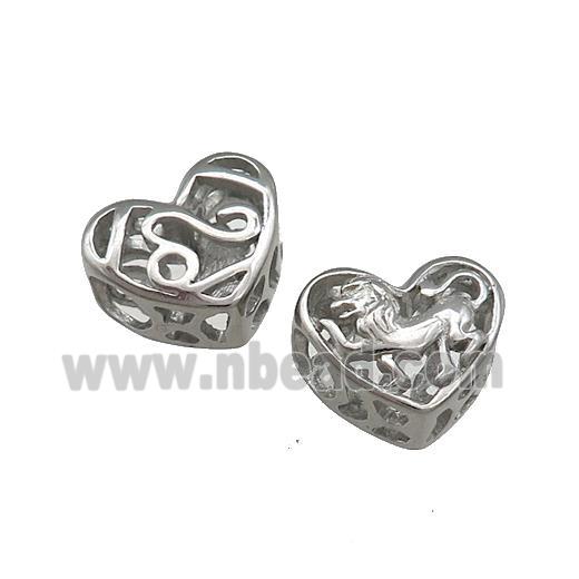 Raw Titanium Steel Heart Beads Zodiac Leo Large Hole Hollow