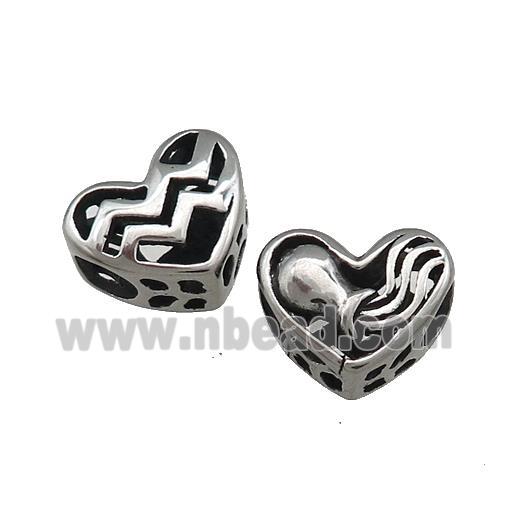 Titanium Steel Heart Beads Zodiac Aquarius Large Hole Hollow Antique Silver