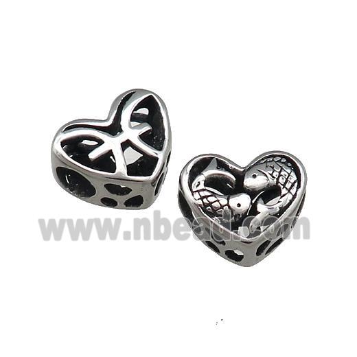 Titanium Steel Heart Beads Zodiac Pisces Large Hole Hollow Antique Silver