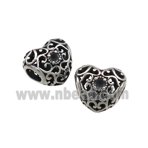 Titanium Steel Heart Beads Large Hole Hollow Antique Silver