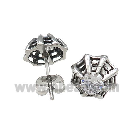 Stainless Steel Stud Earring Pave Rhinestone Cobweb Antique Silver