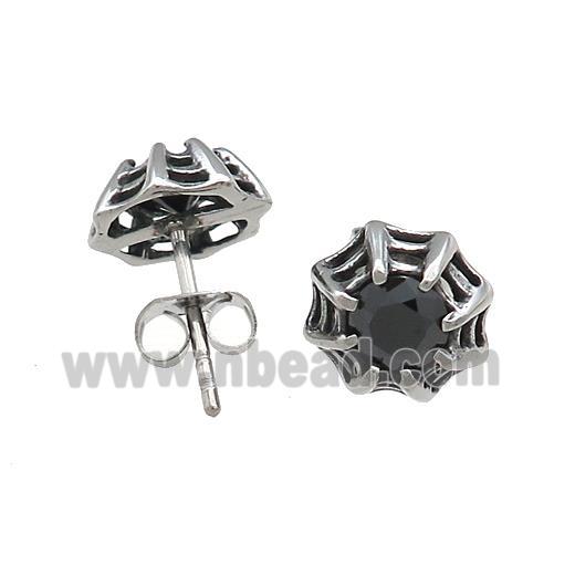 Stainless Steel Stud Earring Pave Rhinestone Cobweb Antique Silver