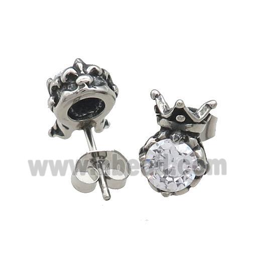 Stainless Steel Stud Earring Pave Rhinestone Crown Antique Silver