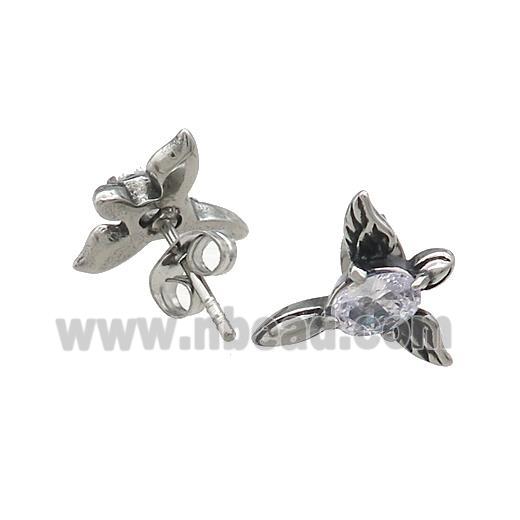 Stainless Steel Stud Earring Pave Rhinestone Angel Wings Antique Silver