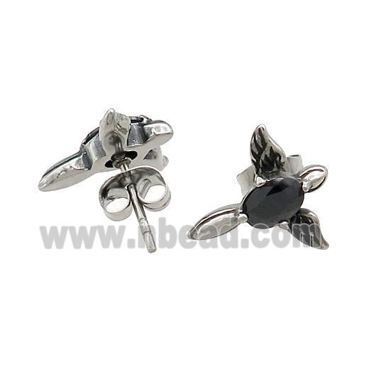 Stainless Steel Stud Earring Pave Rhinestone Angel Wings Antique Silver