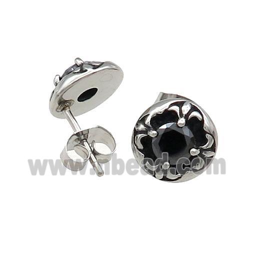 Stainless Steel Stud Earring Pave Rhinestone Flower Of Lily Antique Silver
