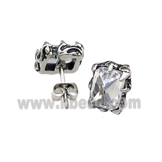 Stainless Steel Stud Earring Pave Rhinestone Antique Silver