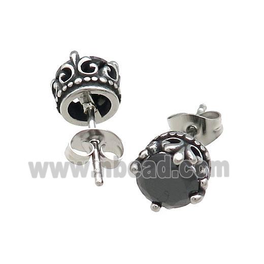 Stainless Steel Stud Earring Pave Rhinestone Flower Of Lily Antique Silver