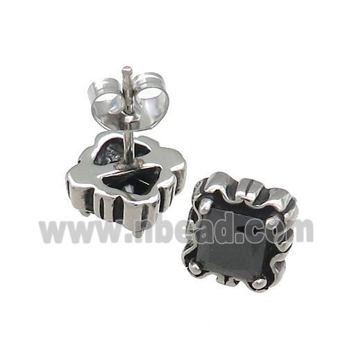Stainless Steel Stud Earring Pave Rhinestone Square Antique Silver