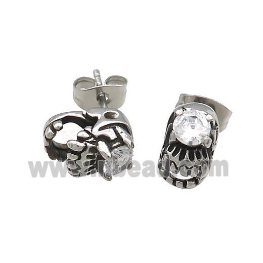 Stainless Steel Stud Earring Pave Rhinestone Skull Antique Silver