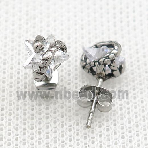 Stainless Steel Stud Earring Pave Rhinestone Snake Antique Silver