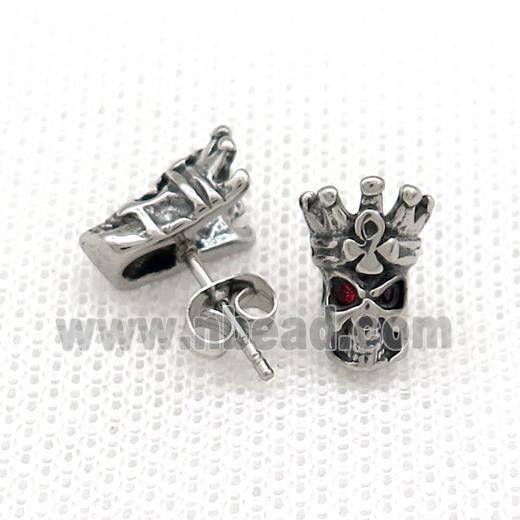 Stainless Steel Stud Earring Pave Red Rhinestone Skull Antique Silver