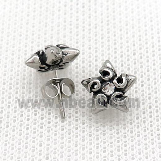 Stainless Steel Stud Earring Pave Rhinestone Star Antique Silver