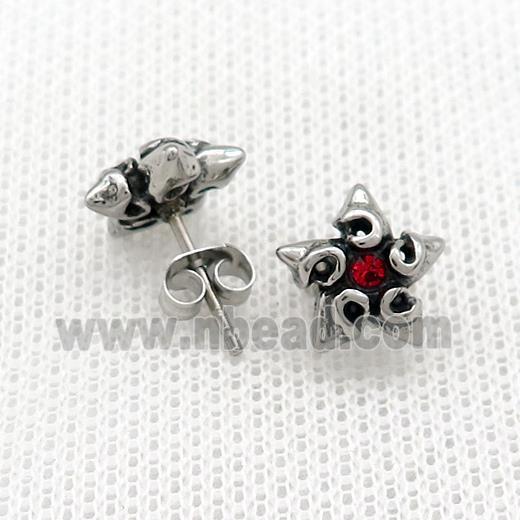 Stainless Steel Stud Earring Pave Red Rhinestone Star Antique Silver