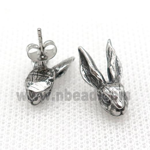 Stainless Steel Stud Earring Pave Rhinestone Rabbit Antique Silver
