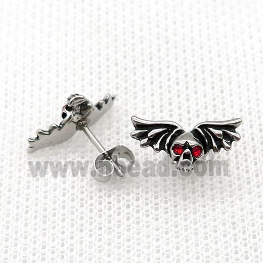 Stainless Steel Stud Earring Pave Red Rhinestone Skull Wings Antique Silver