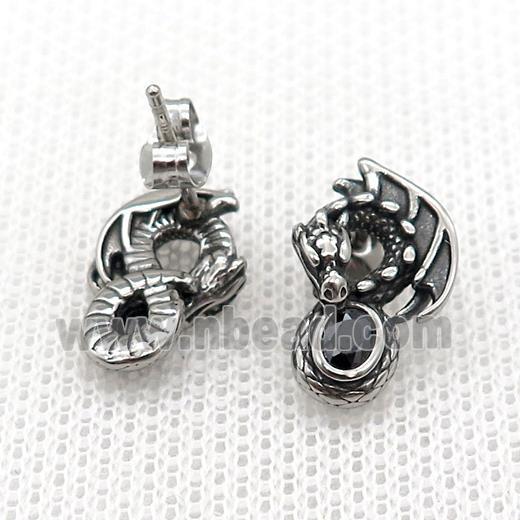 Stainless Steel Stud Earring Pave Rhinestone Dragon Antique Silver