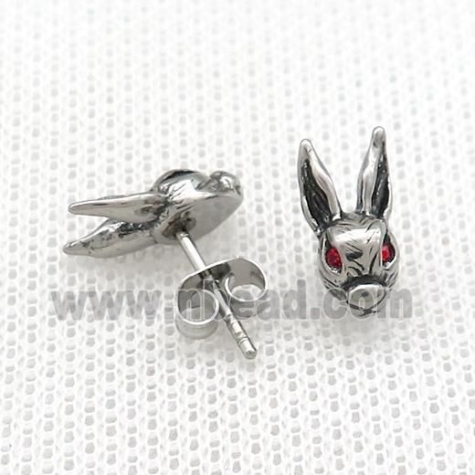 Stainless Steel Stud Earring Pave Red Rhinestone Rabbit Antique Silver