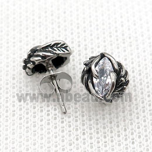 Stainless Steel Stud Earring Pave Rhinestone Leaf Antique Silver