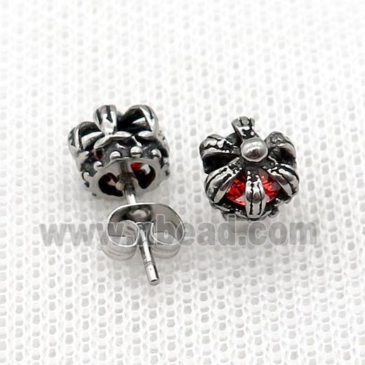 Stainless Steel Stud Earring Pave Red Rhinestone Crown Antique Silver