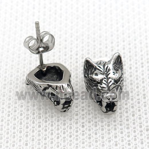 Stainless Steel Stud Earring Wolf Antique Silver