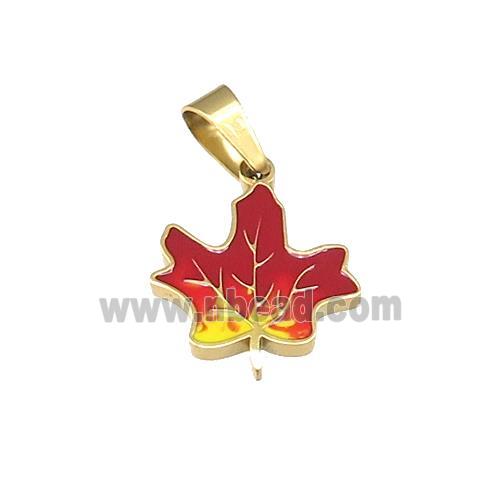 Stainless Steel Maple Pendant Red Enamel Gold Plated