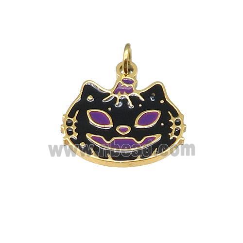 Halloween Cat Charms Stainless Steel Pendant Black Enamel Gold Plated