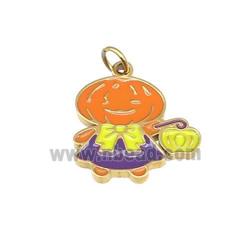 Halloween Pumpkin Doll Charms Stainless Steel Multicolor Enamel Gold Plated