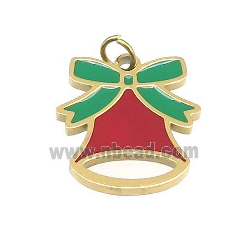 Christmas Bell Stainless Steel Pendant Green Red Enamel Gold Plated