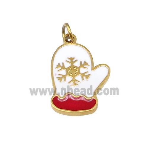 Christmas Mitten Stainless Steel Pendant Snowflake White Red Enamel Gold Plated