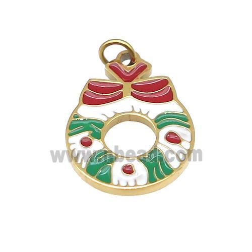 Christmas Wreath Stainless Steel Pendant Multicolor Enamel Gold Plated