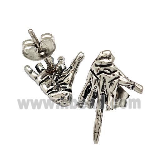 Stainless Steel Stud Earrings Middle Hand Sign Antique Silver