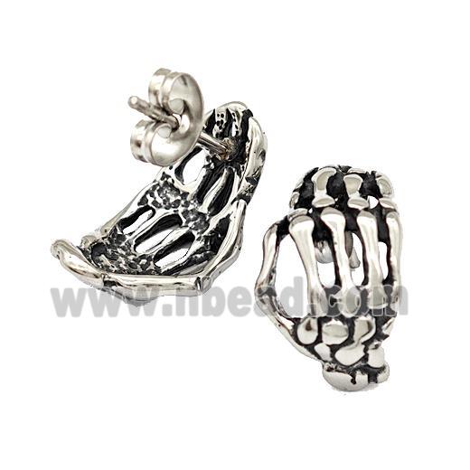 Stainless Steel Stud Earrings Skeleton Hand Antique Silver
