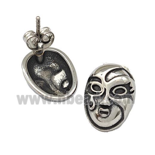 Stainless Steel Stud Earrings Mask Antique Silver