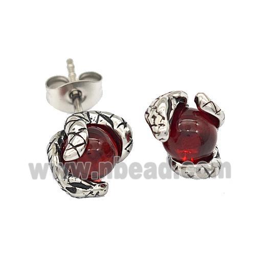 Stainless Steel Snake Stud Earrings With Red Glass Antique Silver