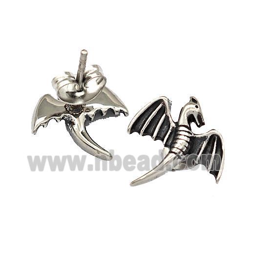 Stainless Steel Stud Earrings Baby Dragon Antique Silver