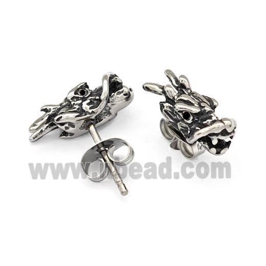 Stainless Steel Stud Earrings Pave Rhinestone Dragon Head Antique Silver
