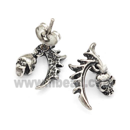 Tribal Wing Skull Charms Stainless Steel Stud Earrings Antique Silver