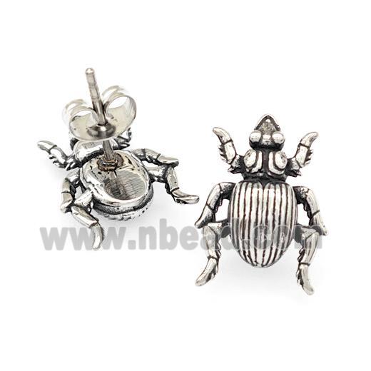Stainless Steel Beetle Stud Earrings Antique Silver