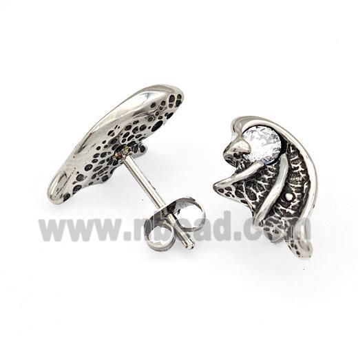 Stainless Steel Wings Stud Earrings Pave Rhinestone Antique Silver