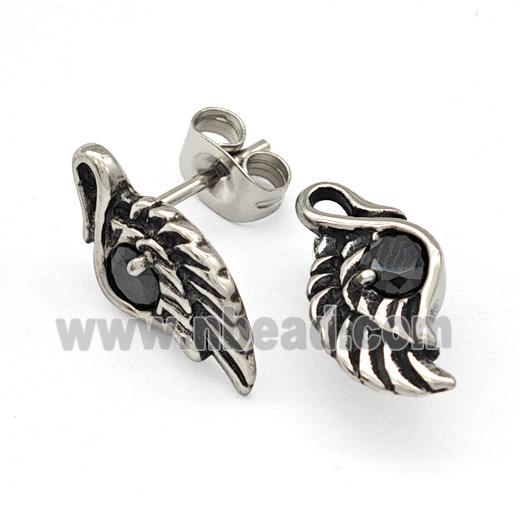Stainless Steel Wings Stud Earrings Pave Rhinestone Antique Silver