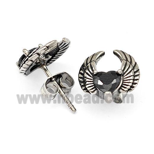 Stainless Steel Angel Wings Stud Earrings Pave Rhinestone Antique Silver